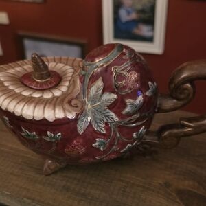 Elegant Red and Gold Ceramic Teapot